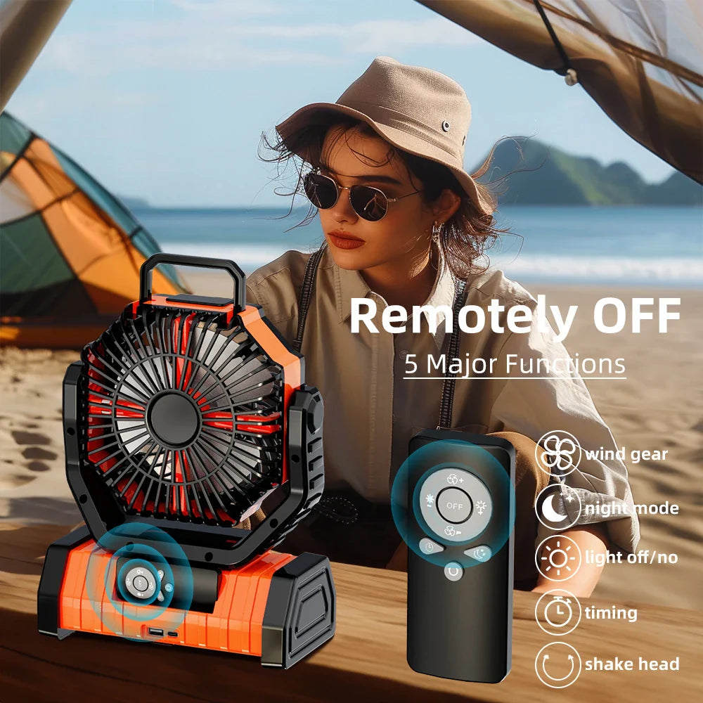 20000mAh Portable Rechargeable Fan — Battery-Operated Desk & Camping Fan with LED Light & Hook for Tent, Car, and Outdoor Trips | Bowlift