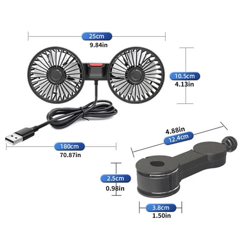 BowLift | Portable USB Dual-Head Car Fan 360° Rotatable with 3 Speeds – CoolBreeze