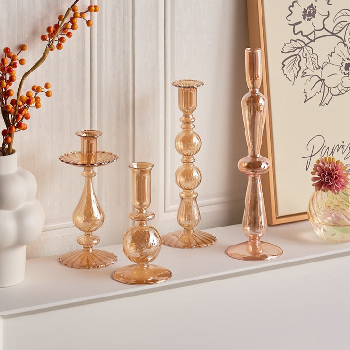 Ribbed Glass Candle Holders - Amber | Bowlift