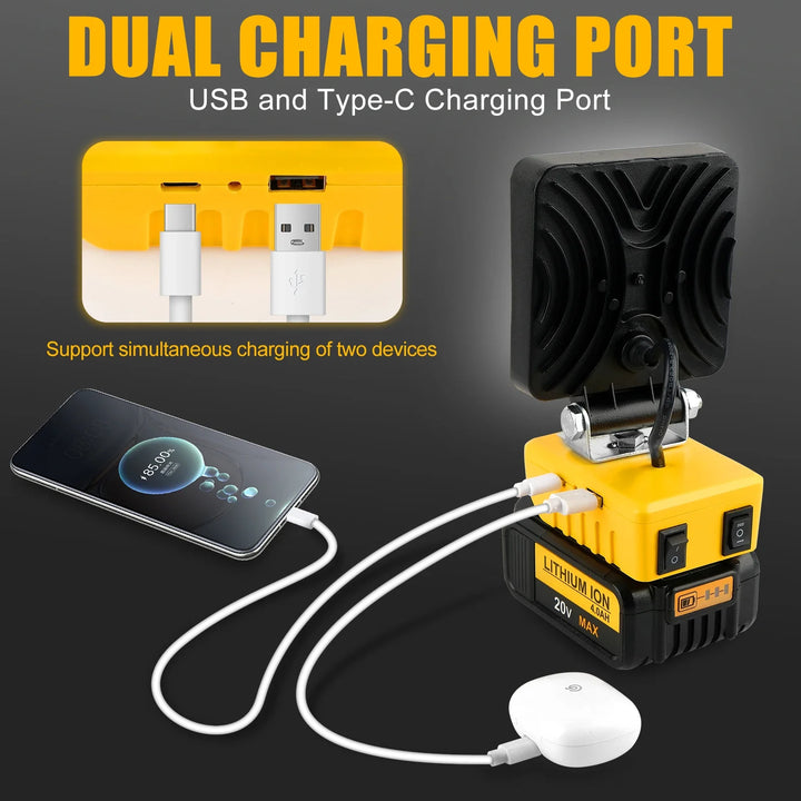 BowLift | PowerLuma 48 LED Work Light | 48W Battery Construction Spotlight | 5200 Lumen | USB-C Charging Port | For DeWalt Batteries (without battery)