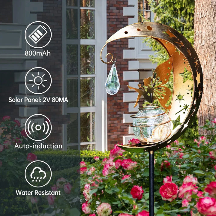 BowLift | Lunafeya Solar Garden Light with Moon & Fairy | Crackle Glass Ball | IP55 Waterproof | Romantic Decor for Path & Bed