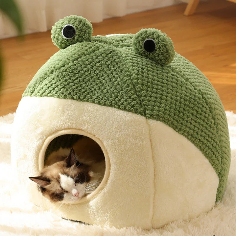 BowLift | Pet Cave FroggiHome | Plush Frog Design | Semi-Closed & Round | 40–50 cm | For Cats & Small Dogs