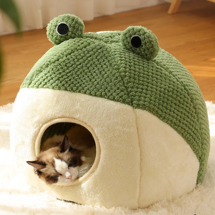 BowLift | Pet Cave FroggiHome | Plush Frog Design | Semi-Closed & Round | 40–50 cm | For Cats & Small Dogs