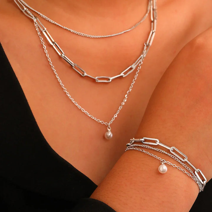 BowLift | Paperclip & Curb Chain Dainty Pearl Bracelet and Necklace Stack Set