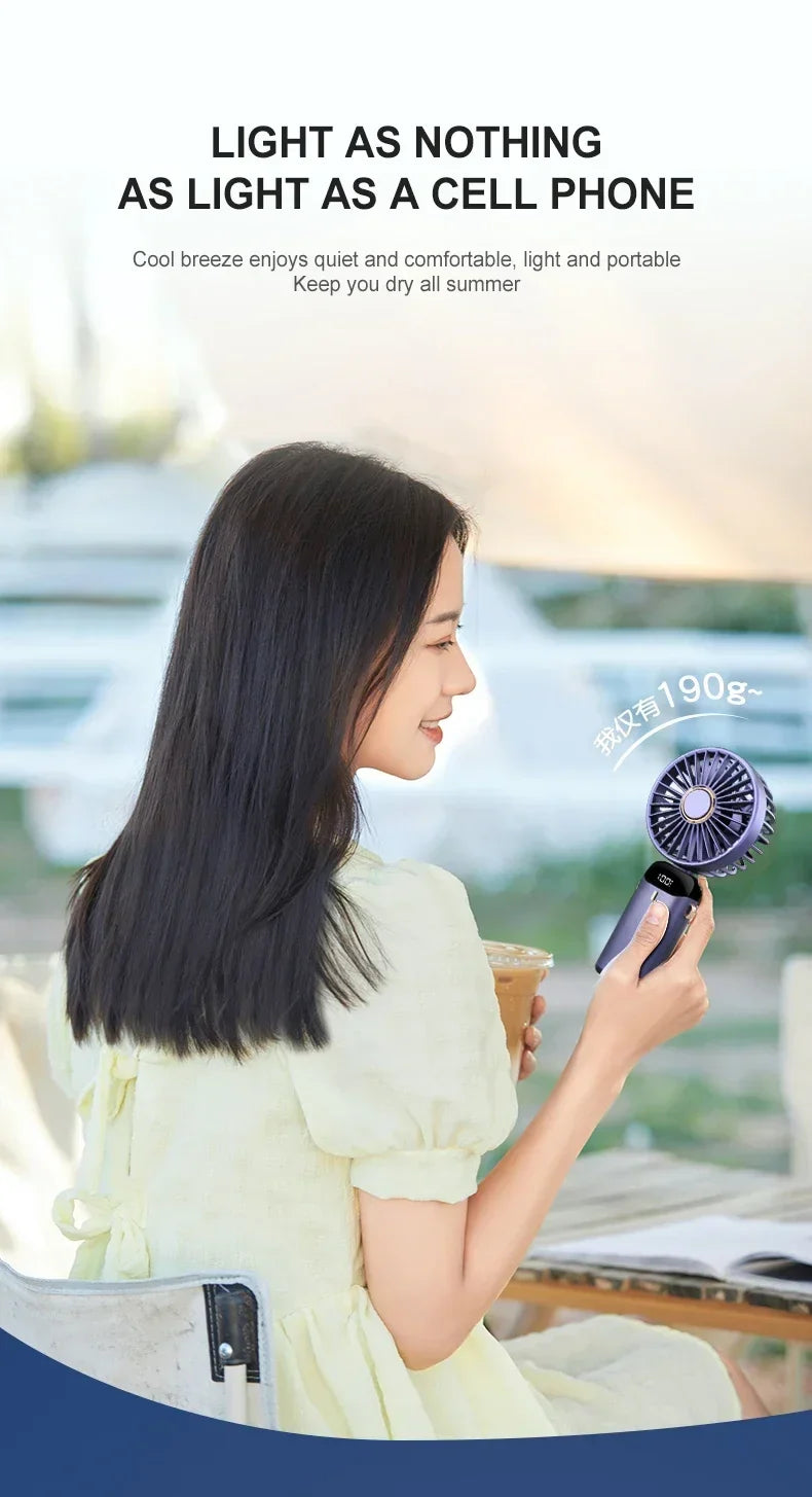 5000mAh Handheld Mini Fan – Wireless USB Rechargeable Portable Fan with Digital Display, Phone Holder, 5-Speed Foldable Neck Hanging Fan | Bowlift