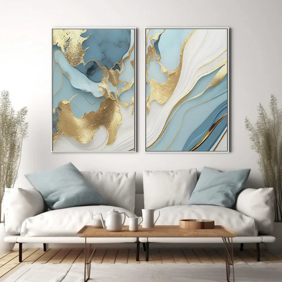 Modern Abstract Golden Blue Liquid Marble Print Wall Art Fine Art Canvas Prints Pictures For Living Room Bedroom Nordic Home Decor | Bowlift