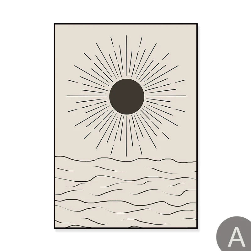 Sun Sea Circles Minimalist Line Art Black White Wall Art Fine Art Canvas Prints Pictures For Modern Living Room Bedroom Home Decor | Bowlift