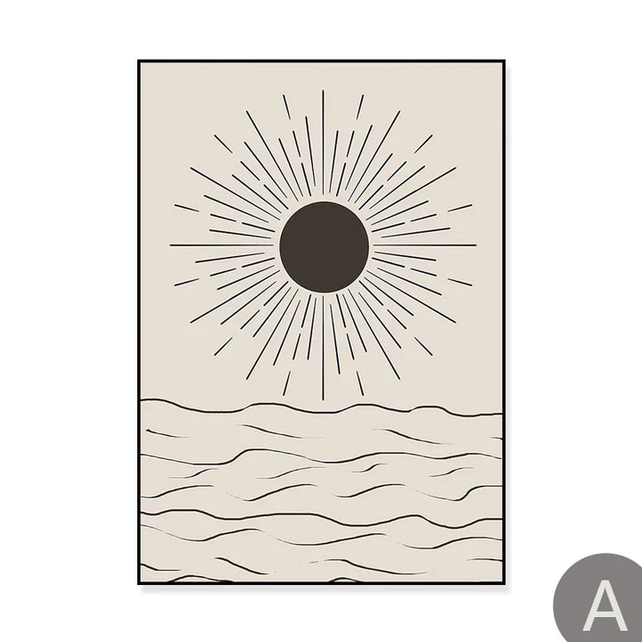 Sun Sea Circles Minimalist Line Art Black White Wall Art Fine Art Canvas Prints Pictures For Modern Living Room Bedroom Home Decor | Bowlift