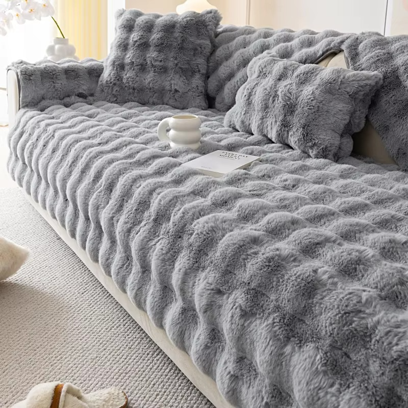 BowLift | Plush Bubble-Textured Faux Rabbit Fur Sofa Slipcover - Non-Slip Couch Cushion Cover for Living Room