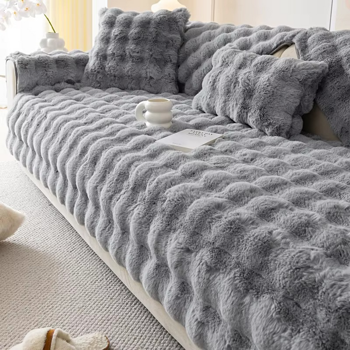 BowLift | Plush Bubble-Textured Faux Rabbit Fur Sofa Slipcover - Non-Slip Couch Cushion Cover for Living Room