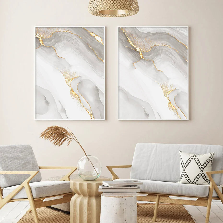 Light Luxury Golden Gray Marble Print Wall Art Fine Art Canvas Prints Posters Abstract Minimalist Pictures For Modern Living Room Decor | Bowlift