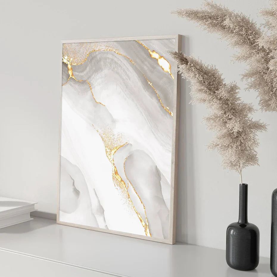 Light Luxury Golden Gray Marble Print Wall Art Fine Art Canvas Prints Posters Abstract Minimalist Pictures For Modern Living Room Decor | Bowlift