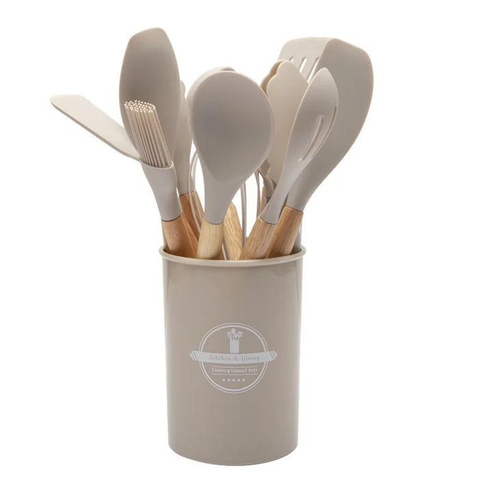 BowLift | Culinora Silicone Kitchen Utensils Set | Heat Resistant up to 230 °C | 12-piece with Wooden Handles | Whisk, Spatula, Tongs & more