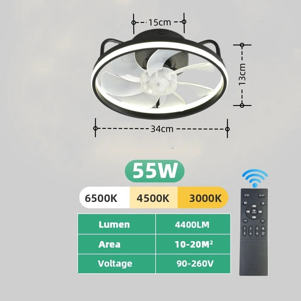 Modern LED Ceiling Fan Light with DC Motor - 6 Speed, Timer, Low Floor Attic Fan, Remote Control Decorative Light | Bowlift