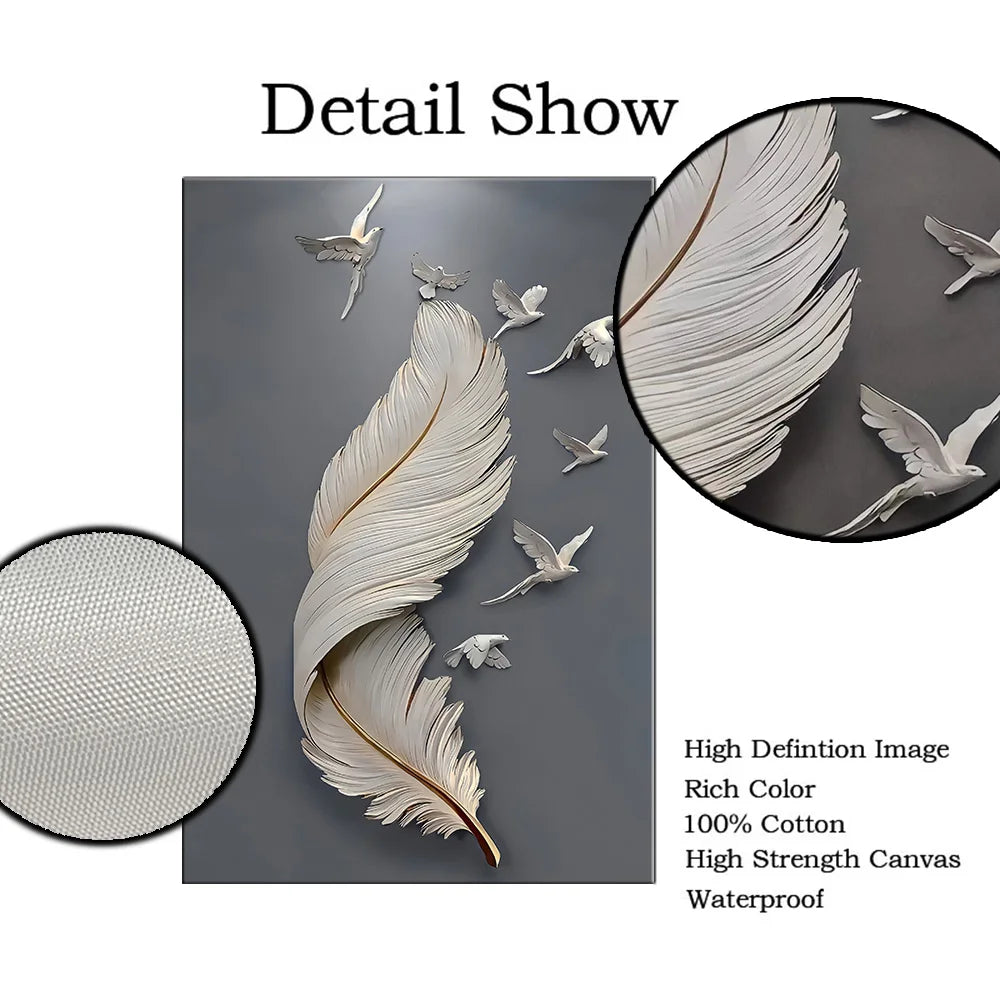Seven Birds Feather Wall Art Fine Art Canvas Prints 3d Visualization Minimalist Abstract Pictures For Living Room Entranceway, Foyer Art Decor | Bowlift