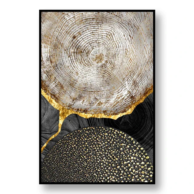 Abstract Black Golden Tree Rings Wall Art Fine Art Canvas Prints Light Luxury Pictures For Living Room Foyer Entranceway Reception Room Art Decor | Bowlift