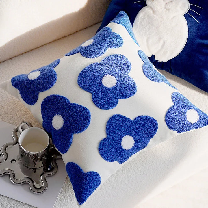 Blue & White Bunny & Flower Cushion Cover | Bowlift