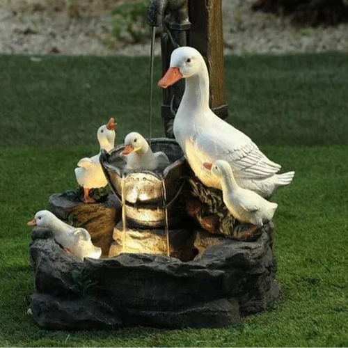 BowLift | Lunaverde Solar Deco Fountain Duck & Squirrel | Garden Figure with LED Light | Weatherproof Resin | For Terrace & Balcony