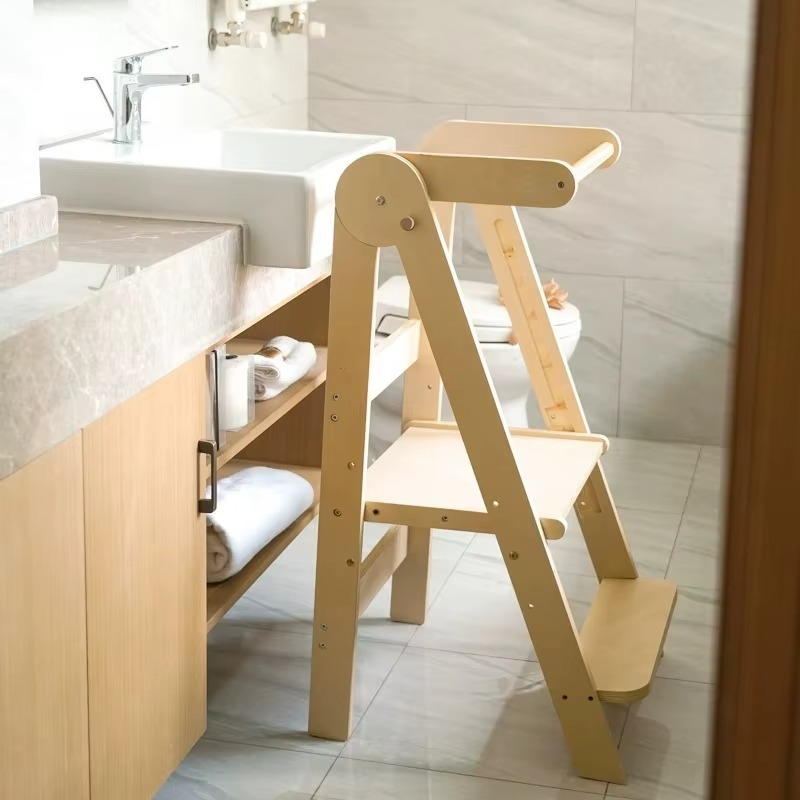 BowLift | Modern Design Foldable Step Stool Kids Wooden Kitchen Tower - Safe and Versatile Helper for Kids