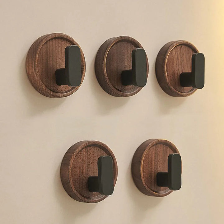 BowLift | Self-adhesive wooden wall hooks Nordiva WoodCircle | Walnut wood | Decorative hook for keys, towels & clothing | Bathroom, kitchen & hallway