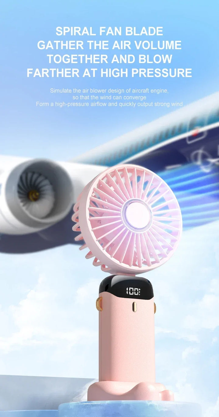 5000mAh Handheld Mini Fan – Wireless USB Rechargeable Portable Fan with Digital Display, Phone Holder, 5-Speed Foldable Neck Hanging Fan | Bowlift