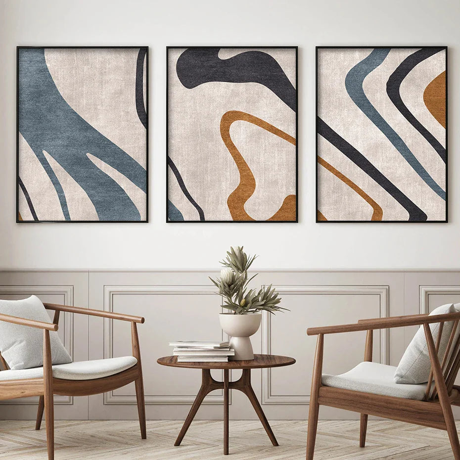 Flowing Lines Blue Beige Abstract Wall Art Fine Art Canvas Prints Pictures For Modern Living Room Dining Room Bedroom Art Decor | Bowlift