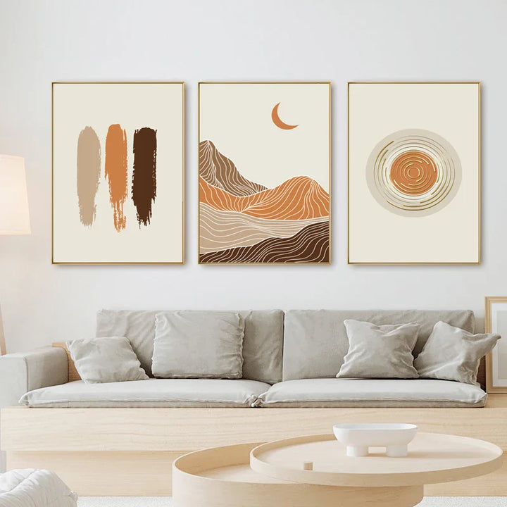 Abstract Geometric Taupe Terracotta Landscape Sun Moon Wall Art Fine Art Canvas Prints Pictures For Living Room Bedroom Art Decor | Bowlift