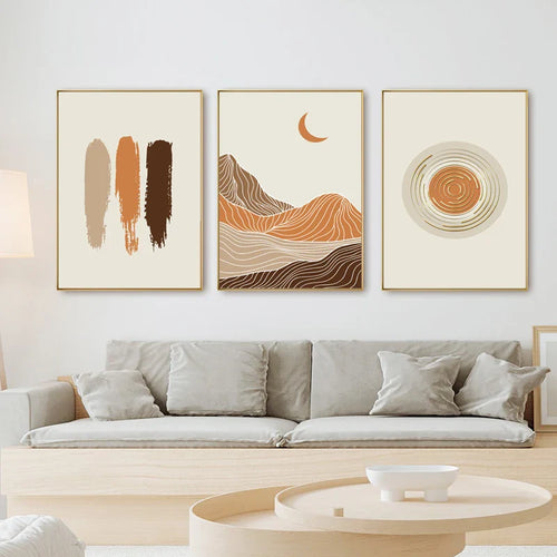 Abstract Geometric Taupe Terracotta Landscape Sun Moon Wall Art Fine Art Canvas Prints Pictures For Living Room Bedroom Art Decor | Bowlift
