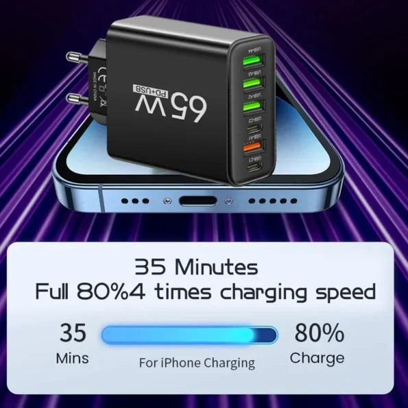 BowLift | PowerMax 65W 6-in-1 Fast Charger – Charge Up To 6 Devices Simultaneously – Ideal For Home, Office and Travel