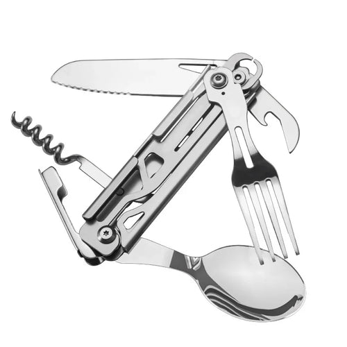 BowLift | GearSpork Outdoor cutlery 6-in-1 | Foldable multifunctional cutlery made of stainless steel | Knife, fork, spoon, can opener & bottle opener | For camping & trekking