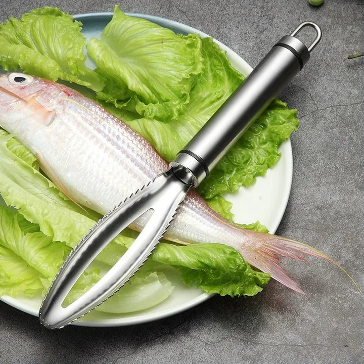 BowLift | Kitchen block fish scale remover made of stainless steel | Hygienic fish skin scraper with bone tweezers | Rustproof & durable