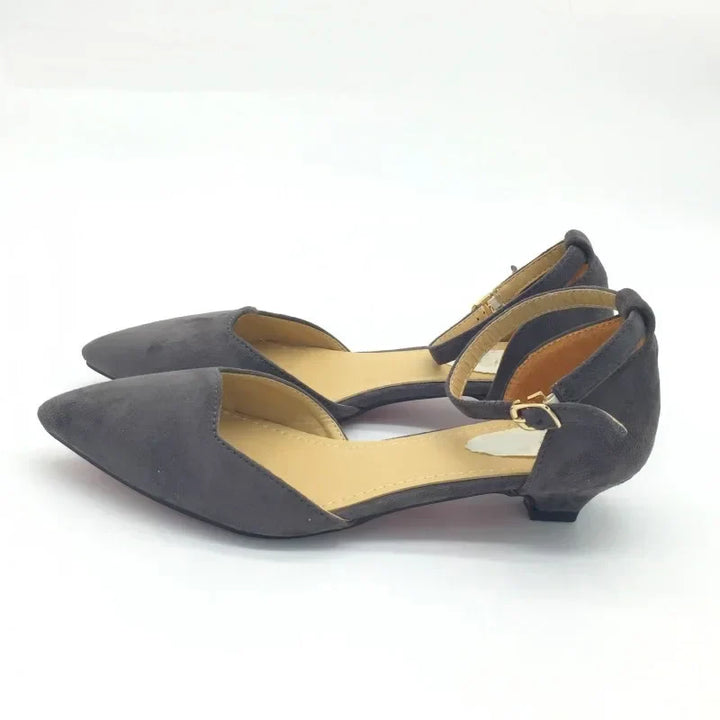 BowLift | Women's Buckle Straps Low Heels Pumps Pointed Toe Flock D'Orsay Heels Shoes Single Shoe Blue