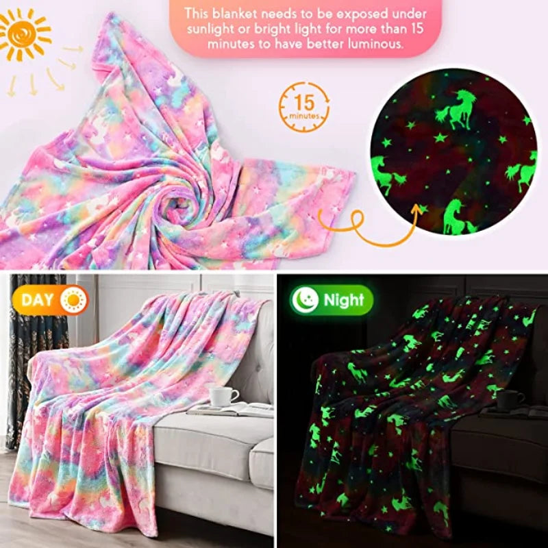 BowLift | StellaLumi | Glowing Unicorn Blanket | Cozy & Magical | Glow-in-the-Dark Stars & Hearts | Gift for Kids & Adults