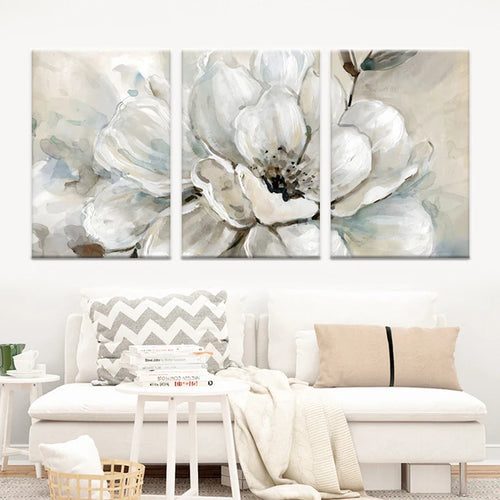 Big Beige White Floral Wall Art Fine Art Canvas Prints Modern Botanical Pictures For Living Room Dining Room Bedroom Art Decor | Bowlift