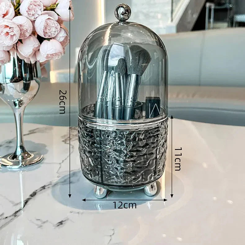 BowLift | Lumora Make-up Brush Organizer with Lid | Dustproof & Rotatable | For Brushes, Lipsticks & Perfume | 360° Rotating | Silver/Gray