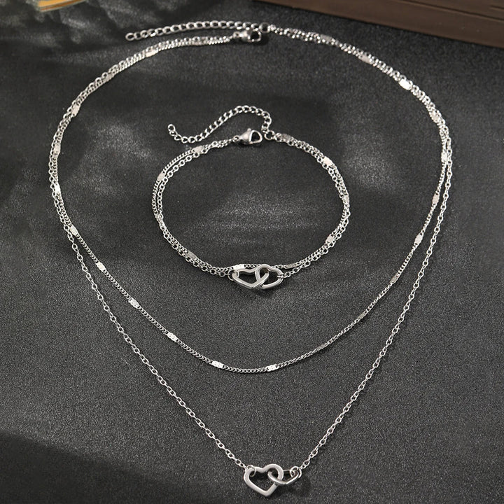BowLift | Dainty Curb & Chain Link Dual Heart Necklace and Bracelet Set