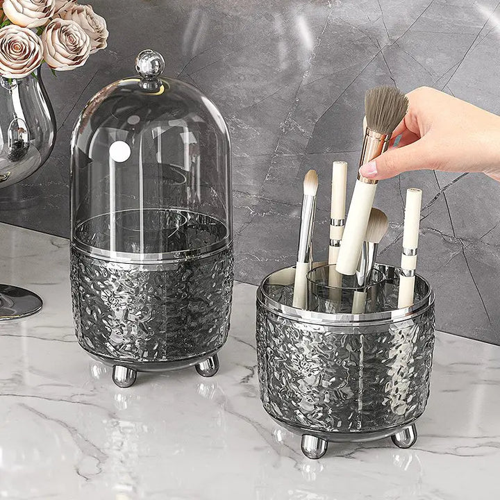 BowLift | Lumora Make-up Brush Organizer with Lid | Dustproof & Rotatable | For Brushes, Lipsticks & Perfume | 360° Rotating | Silver/Gray