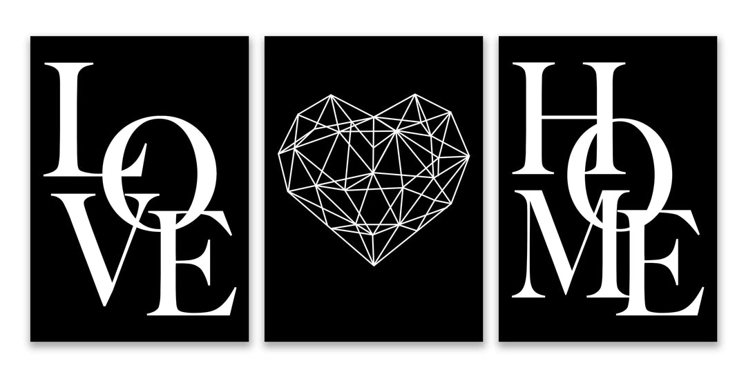 Set of 3Pcs Geometric Love Home Heart Wall Art Fine Art Canvas Prints Black White Minimalist Posters Pictures For Living Room Bedroom Art Decor | Bowlift