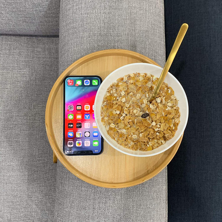 BowLift | Bamboo Sofa Armrest Clip-On Round Tray