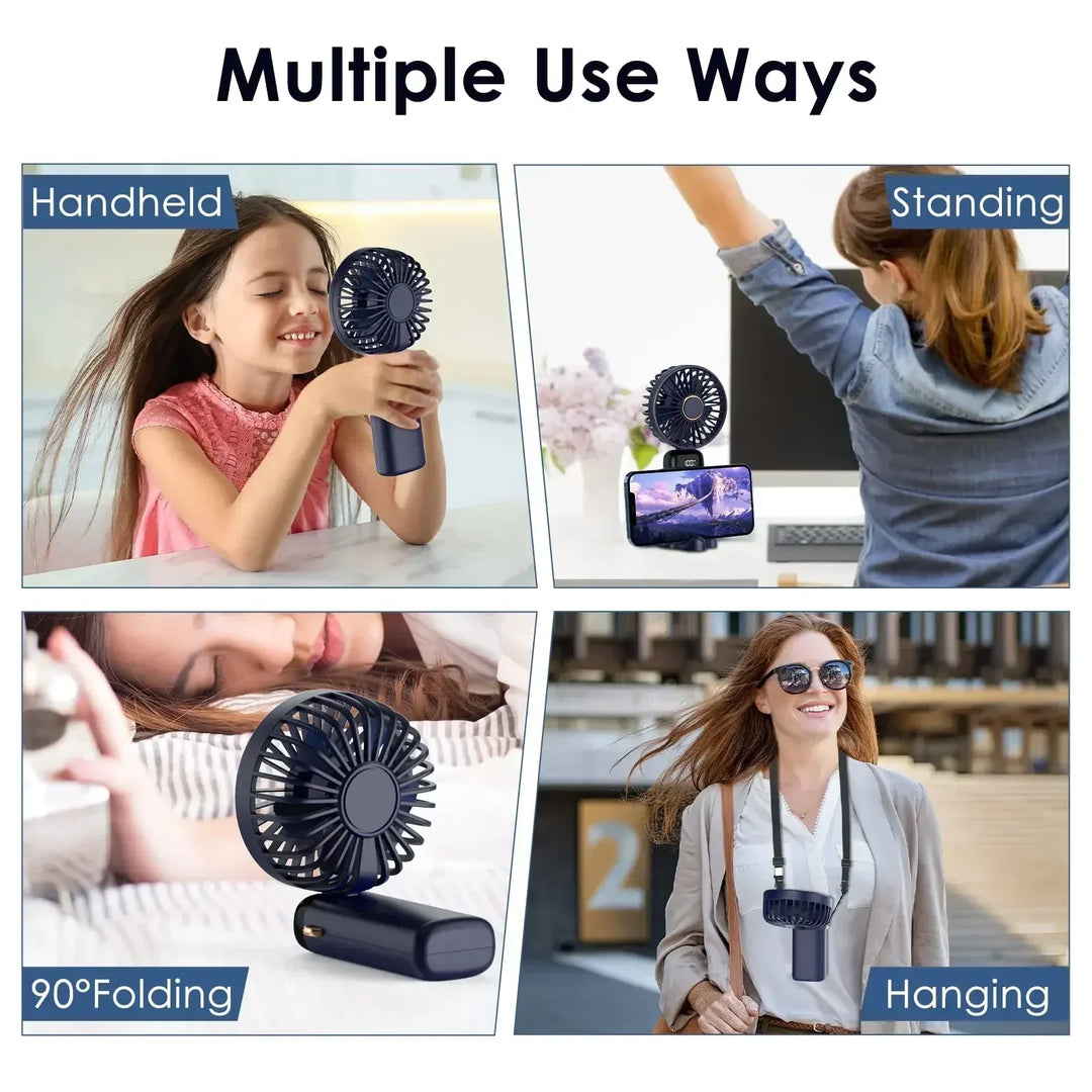 5000mAh Handheld Mini Fan – Wireless USB Rechargeable Portable Fan with Digital Display, Phone Holder, 5-Speed Foldable Neck Hanging Fan | Bowlift
