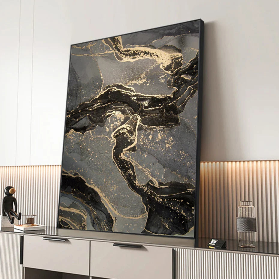 Abstract Black Gray Golden Liquid Marble Print Wall Art Fine Art Canvas Prints Pictures For Modern Apartment Living Room Home Office Decor | Bowlift