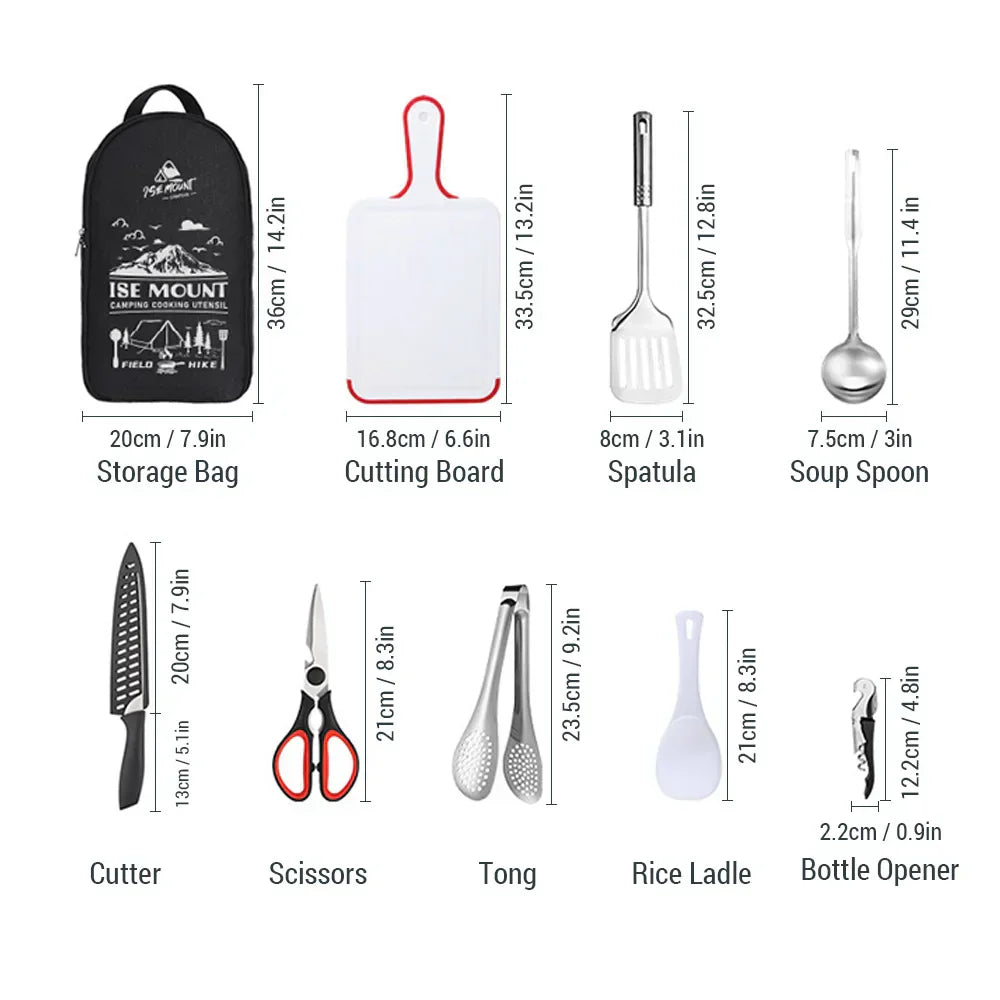BowLift | Nomadiq Cooking Set | 9-piece | Stainless Steel Outdoor Kitchen Accessories | With Carrying Bag