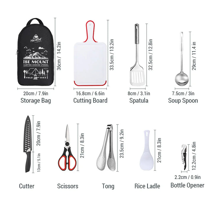BowLift | TerraChef AdventureKit Camping Kitchen Set 9-piece | Incl. storage bag | Stainless steel outdoor cooking accessories | For camping, hiking & BBQ