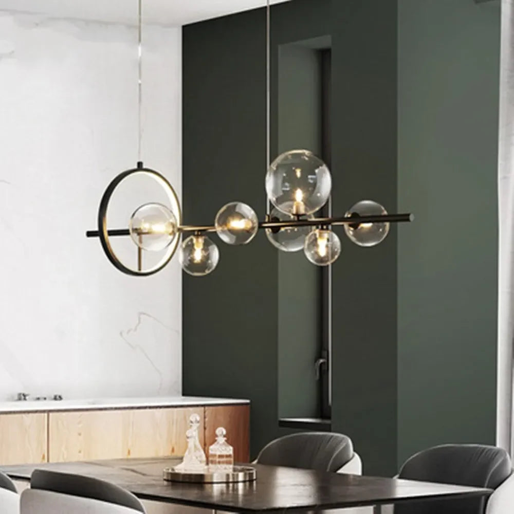 BowLift | Modern Creative Metal Chandelier Lighting: 7/10 Clear Glass Bubbles, Long Round Design with G9 Light Fixture