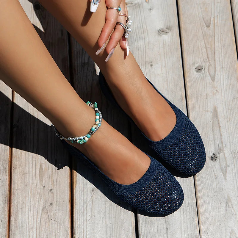 BowLift | Women Round Toe Flat Shoes Solid Color Knit Slippers Casual Breathable Ballet Flats Women Flat Shoes Loafers Women