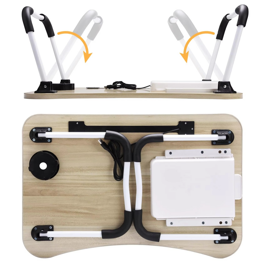 BowLift | Portable Folding Laptop Table with USB Light, Fan, and Cup Holder - 15.75" x 23.62"