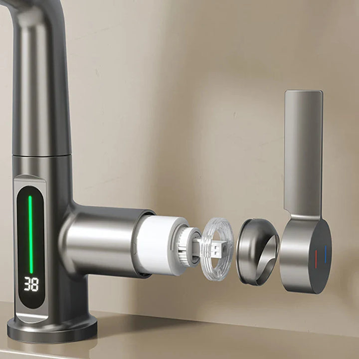 BowLift | Retractable Waterfall Faucet with Temperature Display in Stainless Steel