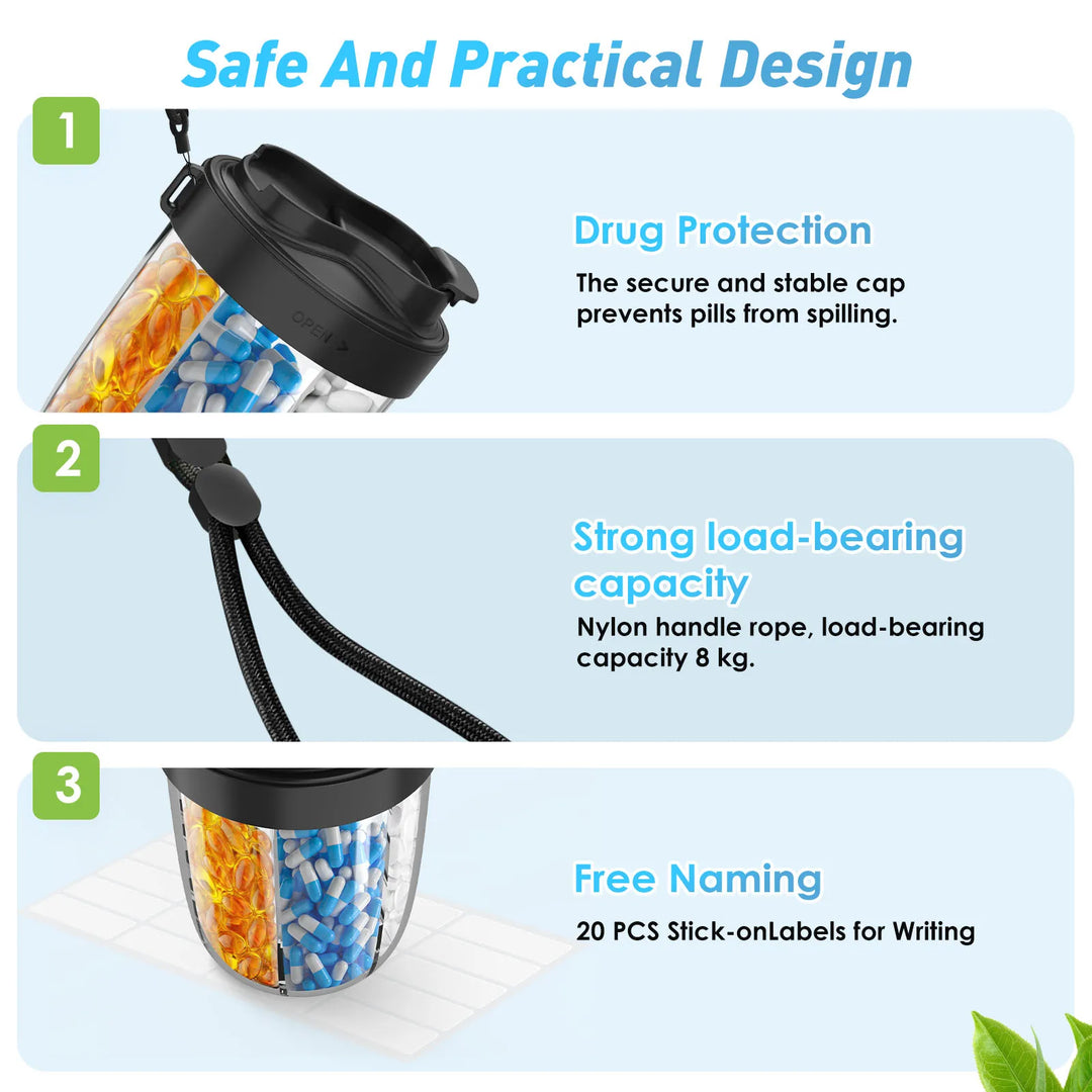 BowLift | Pilliora Travel Pill Box | BPA-free & Hygienic | Anti-Mix System | With Carrying Loop