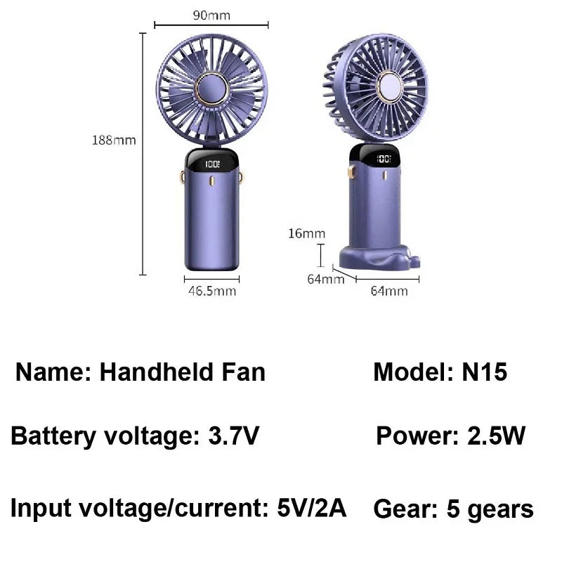 USB Handheld Mini Fan Foldable Portable Neck Hanging Fans 5 Speed USB Rechargeable Fan with Phone Stand and Display Screen | Bowlift
