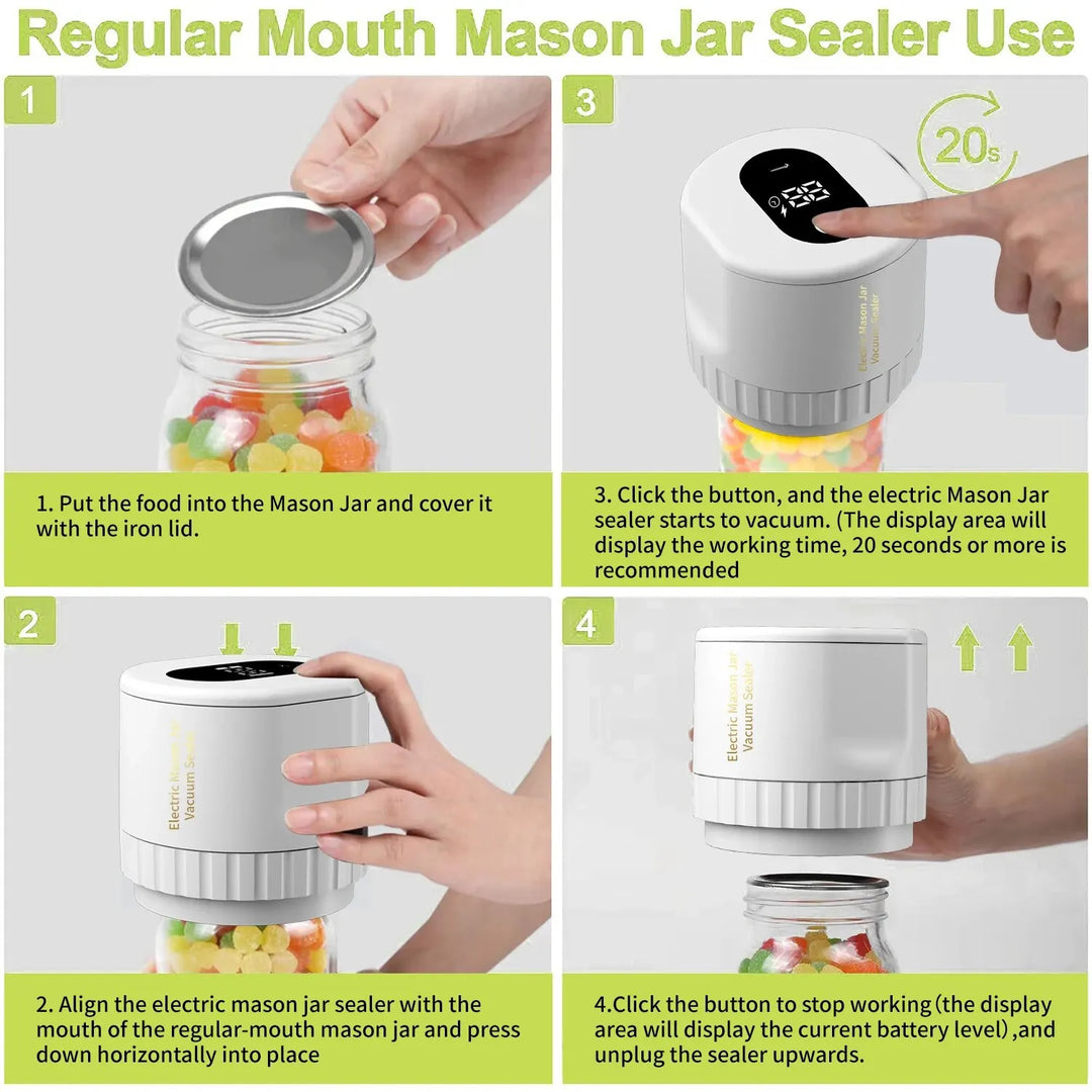 BowLift | Electric Mason Jar Vacuum Sealing Set - Cordless Sealer for Wide Mouth and Regular Mason Jars - Ideal for Food Storage